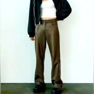 Zara Khaki Army Green Full Length Full Leather Pants
